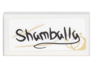 Lego Tile 1 x 2 with Handwritten 'Shamballa' and Coffee Stains Pattern (Sticker) - Set 76060 / White