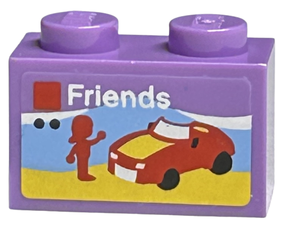 Lego Brick 1 x 2 with LEGO Friends Set Box Art, Red Car and Mini Doll Silhouette on Beach Pattern (Sticker) - Sets 40145 / 40305 and Gear 40359 / Medium Lavender
