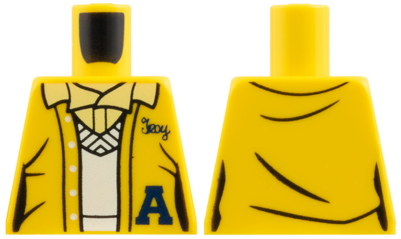 Lego Torso Female Vest with Dark Blue Letter A and 'Troy', Bright Light Yellow Shirt Collar, White V-Neck Sweater Pattern / Yellow