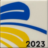 Lego Tile 2 x 2 with Blue and Yellow Swirls and Black '2023' Pattern / White