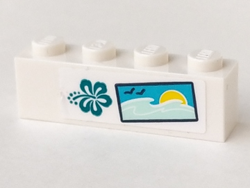 Lego Brick 1 x 4 with Dark Turquoise Hibiscus Flower, 2 Birds, Water and Sun Pattern (Sticker) - Set 41364 / White