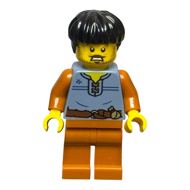 Lego Cart Driver, Sand Blue Torso, Dark Orange Legs, Black Hair