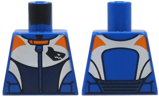 Lego Torso Racing Suit with Zipper, White, Orange and Dark Blue Panels, Black Shark Head Logo Pattern / Blue