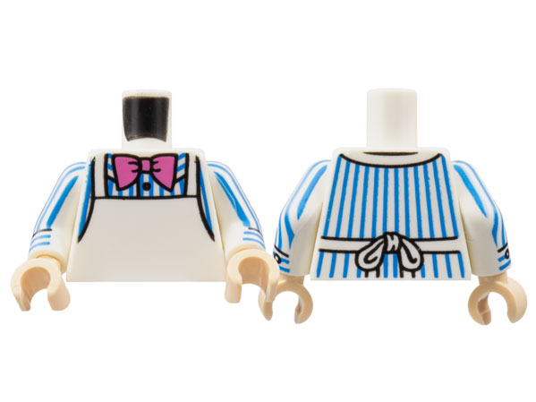 Lego Torso Shirt with Blue Pinstripes, Dark Pink Bow Tie, White Apron Pattern / White Arms with Blue Pen Stripes, Cuff Pattern / Light Nougat Hands