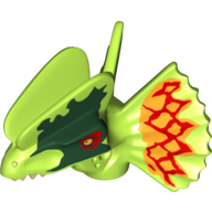 Lego Animal Body Part, Dinosaur, Dilophosaurus Head with Dark Green and Red Around Eyes and Red and Orange on Frill Print / Lime