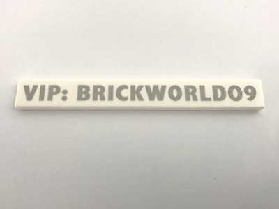 Lego Tile 1 x 8 with 'VIP: BRICKWORLD09' Pattern / White