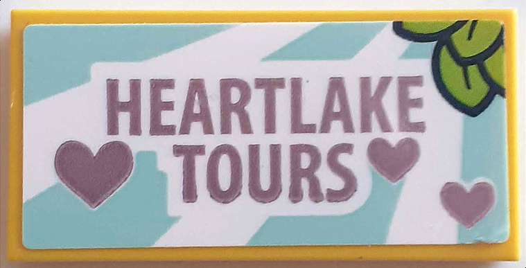 Lego Tile 2 x 4 with Medium Lavender 'HEARTLAKE TOURS' and Hearts and Lime Leaves Pattern (Sticker) - Set 41395 / Yellow