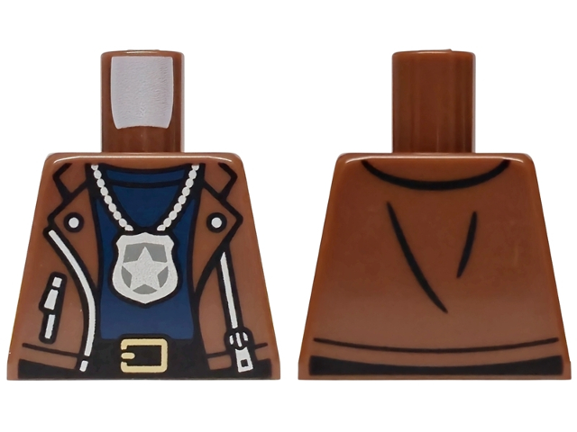 Lego Torso Leather Jacket Open with Pockets and Silver Zippers, Black Belt with Gold Buckle, Dark Blue Shirt, Police Star Badge Logo on Chain Pattern / Reddish Brown
