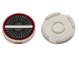 Lego Tile, Round 2 x 2 with Bottom Stud Holder with Engine Inlet, Vanes, White Crossbar and Dark Red Circle Pattern / White