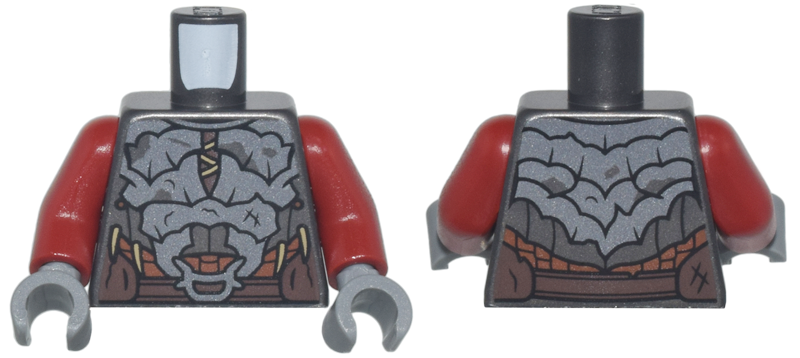 Lego Torso Dark Silver Crude Plate Mail Armor, Dark Tan Laces and Spikes, Dark Brown and Reddish Brown Belts Pattern / Dark Red Arms / Dark Bluish Gray Hands