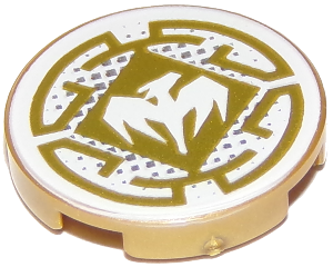 Lego Tile, Round 2 x 2 with Bottom Stud Holder with White Dragon and Gold Decorative Lines Pattern