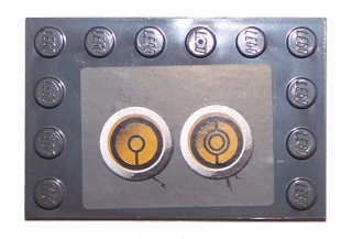 Lego Tile, Modified 4 x 6 with Studs on Edges with 2 Yellow Circles with Bionicle Code Pattern 4 (Sticker) - Set 8759 / Dark Bluish Gray