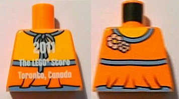 Lego Torso Halter Top with Medium Blue Trim and Flowers, Yellow Neck, '2011 The LEGO Store Toronto, Canada' on Back Pattern / Orange