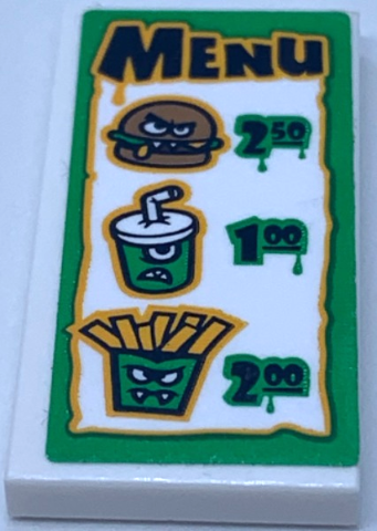 Lego Tile 2 x 4 with 'MENU', Burger '250', Soda '100' and Fries '200' Pattern (Sticker) - Set 31104 / White