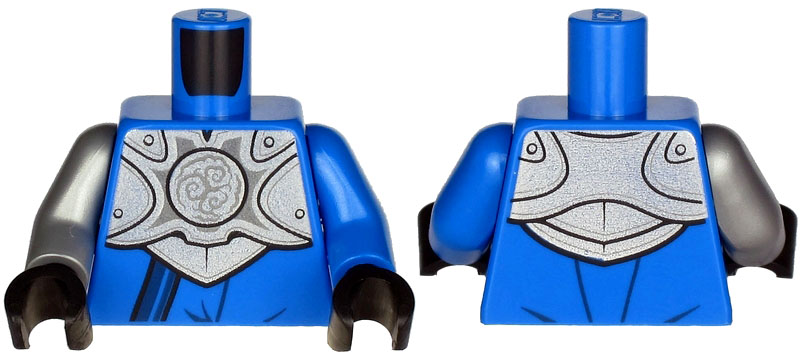 Lego Torso Armor, Silver Plate with Curly Lines over Robe and Dark Blue Strap Pattern / Blue Arm Left / Flat Silver Arm Right / Black Hands