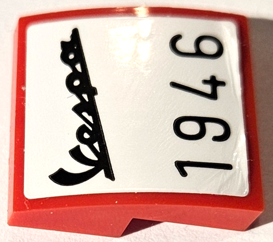 Lego Slope, Curved 2 x 2 x 2/3 with Black Script Vespa Logo and '1946' on White Background Pattern (Sticker) - Set 40517 / Red