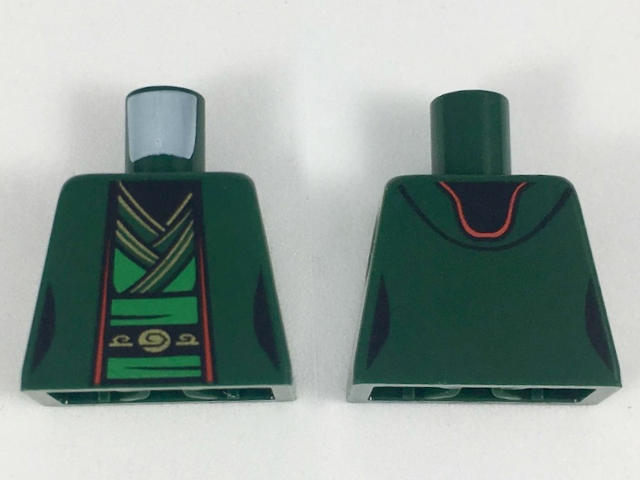 Lego Torso Ninjago Female Robe over Bright Green Tunic with Sash and Black and Gold Trim Pattern / Dark Green