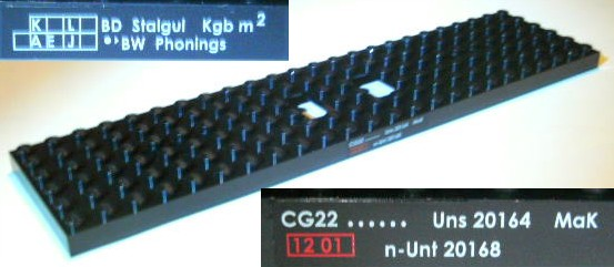 Lego Train Base 6 x 24 with 3 Round Holes Each End with 'BD Stalgul Kgb m² BW Phonings' and 'CG22 Uns 20164 MaK n-Unt 20168' Pattern (Stickers) - Set 7898