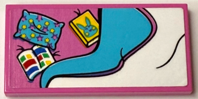 Lego Tile 2 x 4 with Medium Azure and White Blanket, Pillow with Stars, Yellow Bunchu Bunny and Open Books Pattern (Sticker) - Set 71461 / Dark Pink