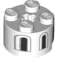 Lego Brick Round 2 x 2 with Axle Hole with Dark Bluish Grey/Black Windows print / White