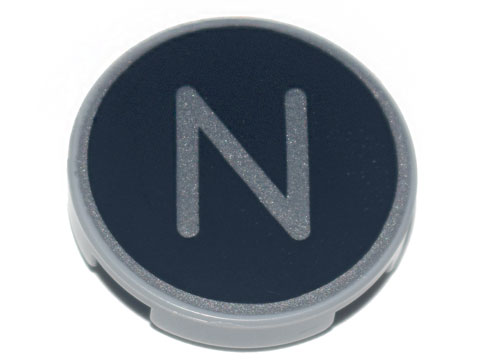 Lego Tile, Round 2 x 2 with Bottom Stud Holder with Silver Capital Letter N on Black Background Pattern / Light Bluish Gray