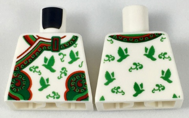 Lego Torso Kimono Robe with Ornate Red and Green Trim, Birds and Flowers Pattern / White