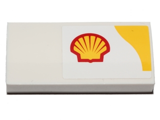 Lego Slope, Curved 2 x 4 x 2/3 with Bottom Tubes with Shell Logo and Yellow Upper Right Corner Pattern Model Left Side (Sticker) - Set 40196 / White