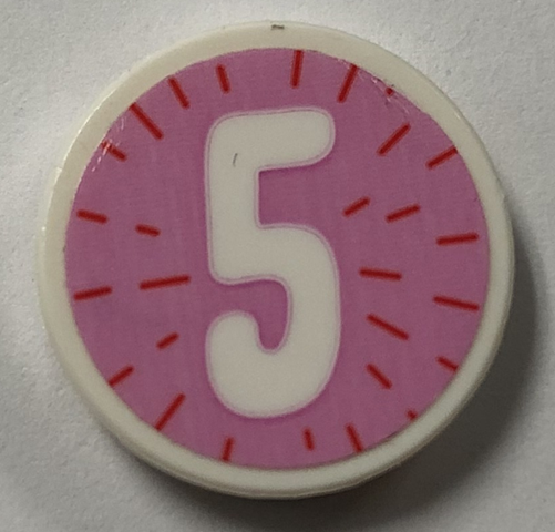 Lego Tile, Round 2 x 2 with Bottom Stud Holder with Number 5 on Bright Pink Background Pattern (Sticker) - Set 41926