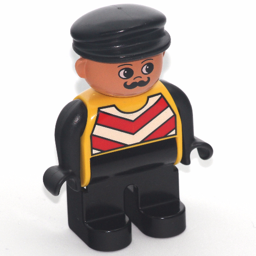 Lego Duplo Figure, Early, with Flat Cap Black, Black Legs, Black Arms, Chevron Vest Print