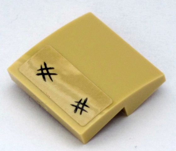 Lego Slope, Curved 2 x 2 x 2/3 with Two Black Hashmarks Pattern (Sticker) - Set 10258 / Tan