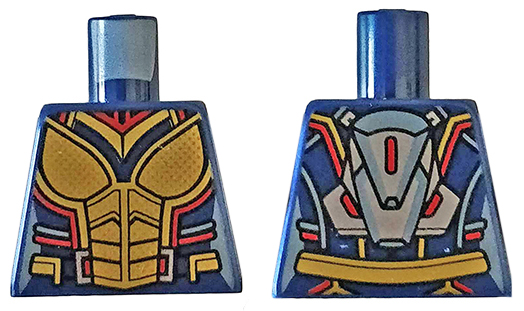 Lego Torso Female Armor with Gold Plates and Red and Metallic Light Blue Trim, Silver Jet Pack on Back Pattern / Dark Blue