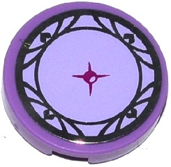 Lego Tile, Round 2 x 2 with Bottom Stud Holder with Lavender Cushion with Magenta Button and Silver Hearts and Trim Pattern (Sticker) - Set 41062 / Medium Lavender