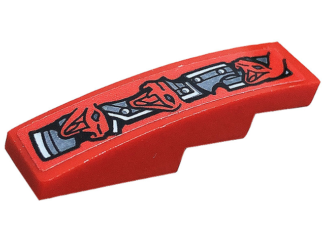 Lego Slope, Curved 4 x 1 with Red Snakes and Silver Armor Plates Pattern Model Front Left Side (Sticker) - Set 70624