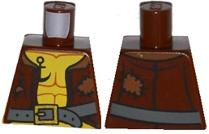 Lego Torso Pirate Vest Open with Medium Nougat Patches, Dark Bluish Gray Belt with Gold Buckle, Dark Orange Muscles Outline, Black Anchor Tattoo Pattern / Reddish Brown