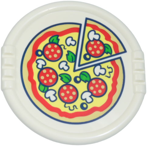 Lego Duplo Utensil Disk with Pizza with Bright Light Yellow Cheese, Red Tomato Sauce and Slices, Tan Crust, White Mushrooms, Green Leaves, and Dark Blue Olives and Outlines Pattern / White