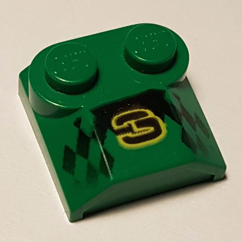 Lego Brick Curved 2 x 2 x 2/3 Two Studs and Lip End with '3' and Checker Print / Green