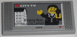 Lego Tile 2 x 4 with 'Breaking News CITYHALL COLLAPSED' City TV Screen Pattern (Sticker) - Set 7208 / Light Bluish Gray