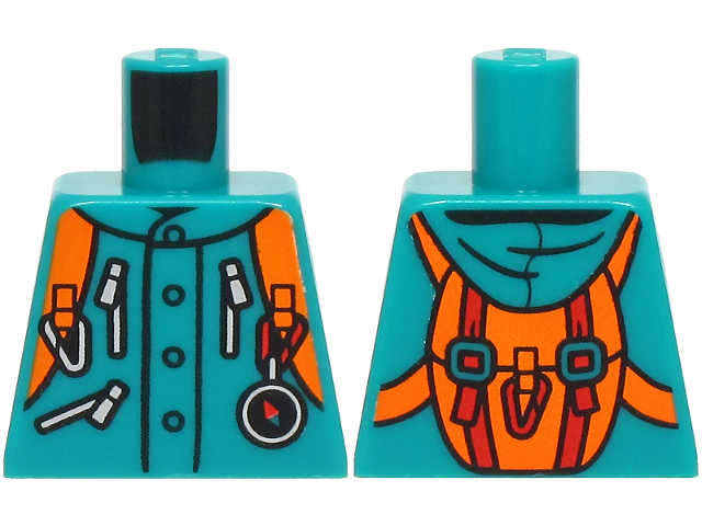 Lego Torso Jacket with Hood and Pockets with Silver Zippers, Orange Backpack with Red Belts, Carabiner and Compass Pattern (BAM) / Dark Turquoise
