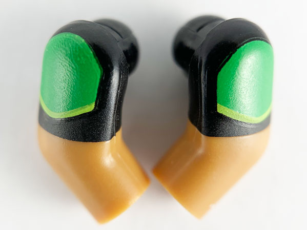 Lego Arm, (Matching Left and Right) Pair with Black and Bright Green Short Sleeves Pattern / Medium Nougat