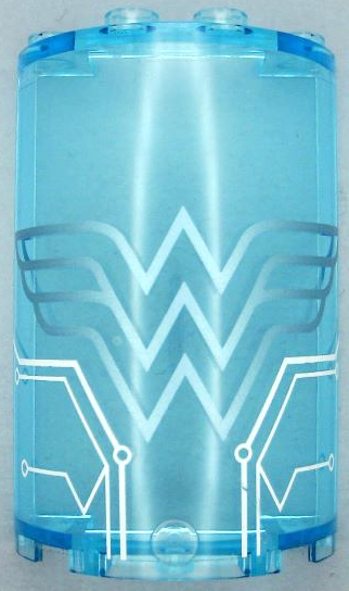 Lego Cylinder Half 2 x 4 x 5 with 1 x 2 Cutout with Metallic Light Blue Wonder Woman Logo and White Circuitry Pattern (Sticker) - Set 41239 / Trans-Light Blue