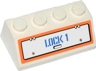Lego Slope 45 2 x 4 with Hatch and 'LOCK 1' Pattern (Sticker) - Set 60015 / White