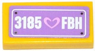 Lego Tile 1 x 2 with Heart and '3185 FBH' on Medium Lavender Background Pattern (Sticker) - Set 3185