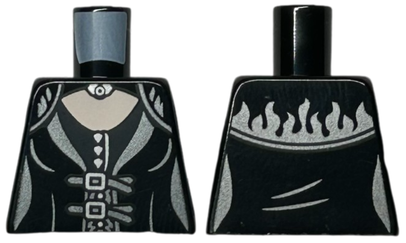 Lego Torso Female Dress Top with Dark Silver Hem, Flames, and Straps, Silver Buckles, Buttons, and Brooch, Light Nougat Neck Pattern / Black