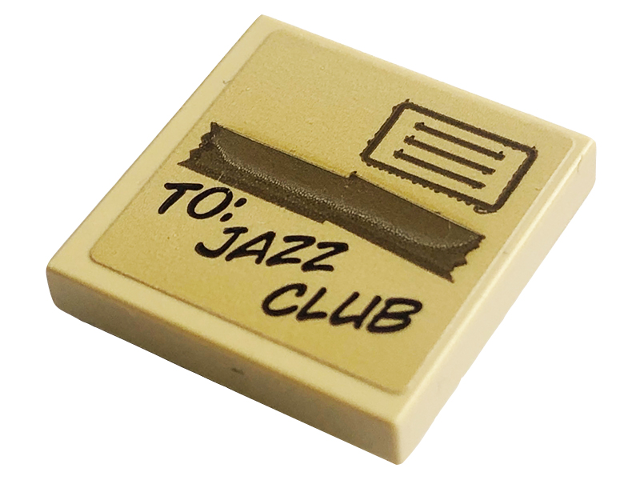 Lego Tile, Modified 2 x 2 Inverted with Black 'TO: JAZZ CLUB' and Dark Tan Tape Pattern (Sticker) - Set 40586