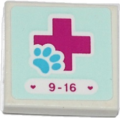Lego Tile 2 x 2 with Hearts, '9-16', Magenta Cross and Animal Paw Pattern (Sticker) - Set 41085 / White