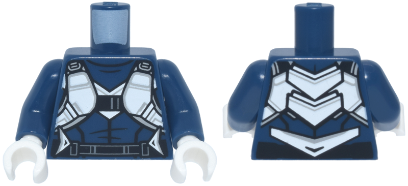 Lego Torso Flight Suit with Wide White Straps and Arrows, Light Bluish Gray Trim and Buckles, Black Belt Pattern / Dark Blue Arms / White Hands