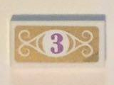 Lego Tile 1 x 2 with Medium Lavender Number 3 in White Circle with Swirls on Gold Background Pattern (Sticker) - Set 41101 / White