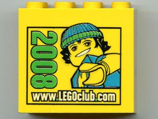 Lego Brick 2 x 4 x 3 with www.LEGOclub.com 2008 and Max Pattern / Yellow