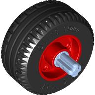 Lego Wheel 18 x 14 with Pin Hole, Fake Bolts and Shallow Spokes With Black Tyre, Pin with Axle / Red