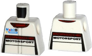 Lego Torso Racing Suit with 'PORSCHE MOTORSPORT', Mobil 1 Logo and Red Collar Pattern / White